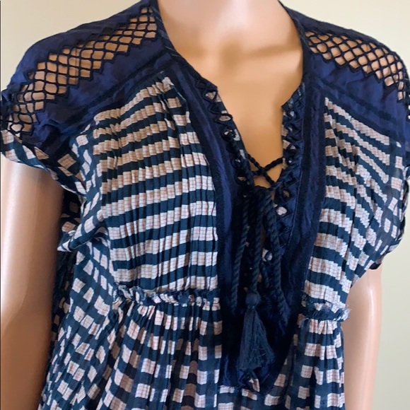 Free People navy and white lace-up blouse XS/S NWT - Picture 2 of 6